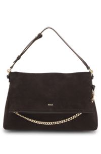 Faux-suede shoulder bag with fold-over design, Dark Brown