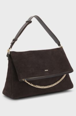 Faux-suede shoulder bag with fold-over design, Dark Brown