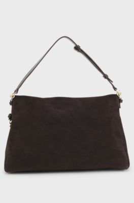 Faux-suede shoulder bag with fold-over design, Dark Brown