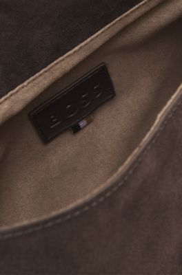 Faux-suede shoulder bag with fold-over design, Dark Brown