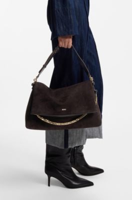 Faux-suede shoulder bag with fold-over design, Dark Brown