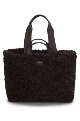 Teddy tote bag with metallic logo lettering, Dark Brown