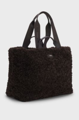Teddy tote bag with metallic logo lettering, Dark Brown