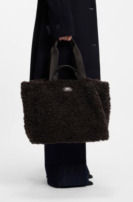 Teddy tote bag with metallic logo lettering, Dark Brown