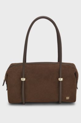 Faux-leather bag with double handles, Dark Brown
