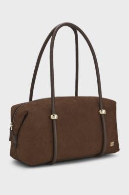 Faux-leather bag with double handles, Dark Brown