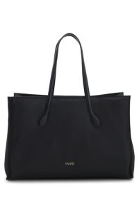 Bolso tote de sarga estructurada con logo met&aacute;lico, Negro