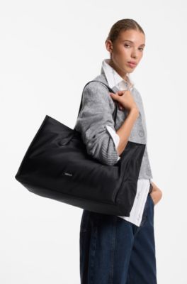 Strukturierte Tote Bag aus Twill mit Metall-Logo, Schwarz