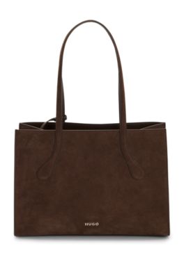 Dual-material faux-leather tote with metal logo, Dark Brown