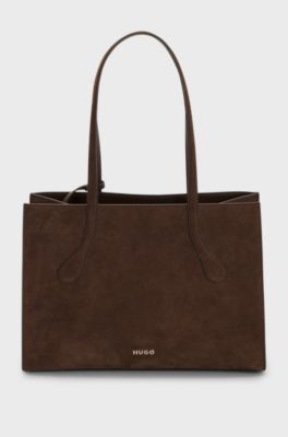 Tote Bag aus Kunstleder im Material-Mix mit Metall-Logo, Dunkelbraun