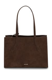 Dual-material faux-leather tote with metal logo, Dark Brown