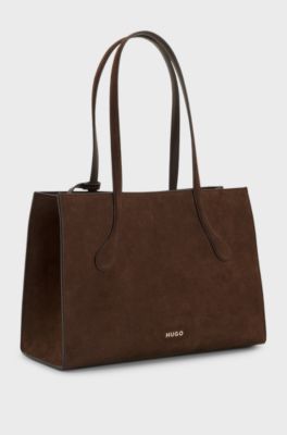Tote Bag aus Kunstleder im Material-Mix mit Metall-Logo, Dunkelbraun