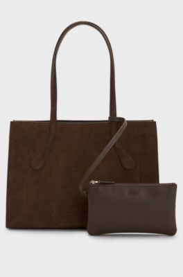 Tote Bag aus Kunstleder im Material-Mix mit Metall-Logo, Dunkelbraun