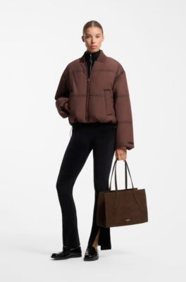 Dual-material faux-leather tote with metal logo, Dark Brown