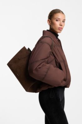 Tote Bag aus Kunstleder im Material-Mix mit Metall-Logo, Dunkelbraun