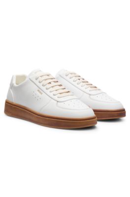 Grained leather trainers with gold-foil branding, Natural
