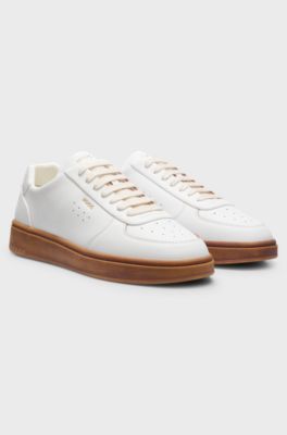 Grained leather trainers with gold-foil branding, Natural