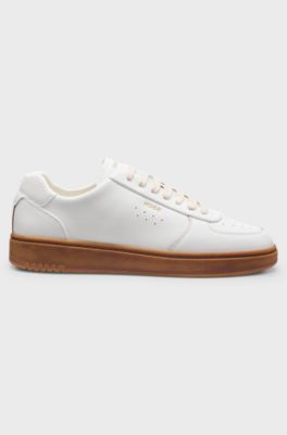 Grained leather trainers with gold-foil branding, Natural