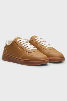 Grained leather trainers with gold-foil branding, Brown