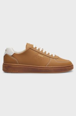 Grained leather trainers with gold-foil branding, Brown