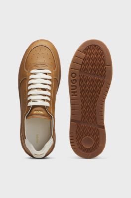 Grained leather trainers with gold-foil branding, Brown