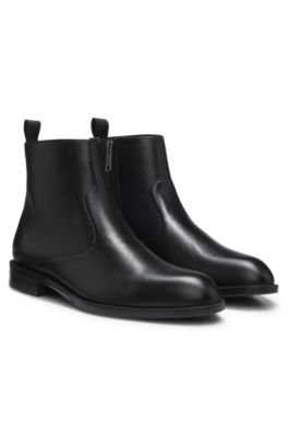 Grained-leather boots with side zip, Black