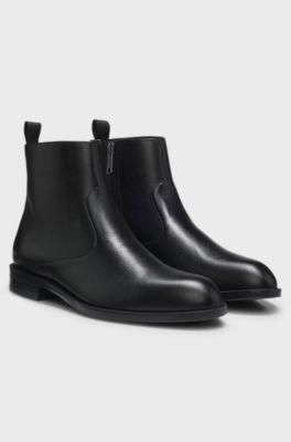 Grained-leather boots with side zip, Black