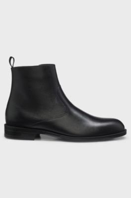 Grained-leather boots with side zip, Black