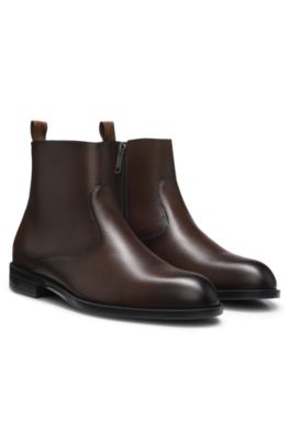 Grained-leather boots with side zip, Dark Brown