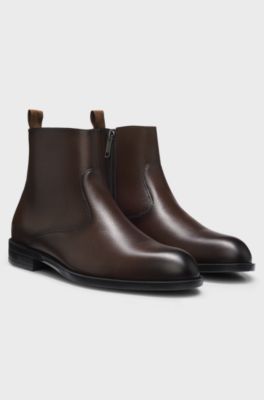 Grained-leather boots with side zip, Dark Brown