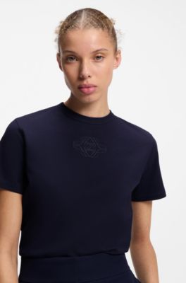 T-shirt i bomuld med broderet logo, M&oslash;rkebl&aring;