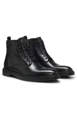 Leather lace-up boots with a side zip, Black