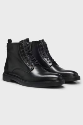 Leather lace-up boots with a side zip, Black