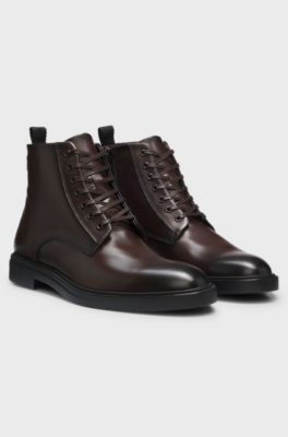 Leather lace-up boots with a side zip, Dark Brown