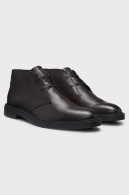 Wool-lined Chukka boots in grained leather, Dark Brown