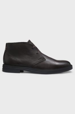 Wool-lined Chukka boots in grained leather, Dark Brown