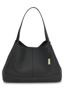 Tote bag in grained leather with detachable pouch, Black
