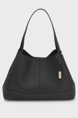 Tote bag in grained leather with detachable pouch, Black
