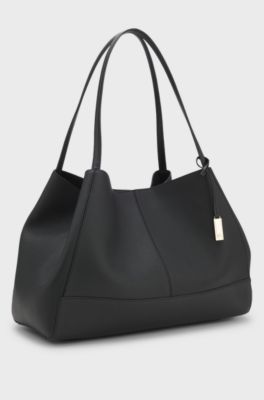Tote bag in grained leather with detachable pouch, Black