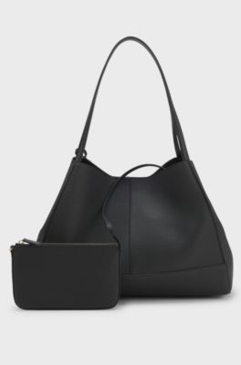 Tote bag in grained leather with detachable pouch, Black