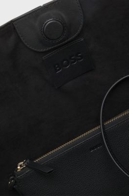 Tote bag in grained leather with detachable pouch, Black