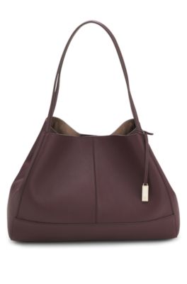 Tote bag in grained leather with detachable pouch, Bordeaux