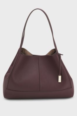 Tote bag in grained leather with detachable pouch, Bordeaux
