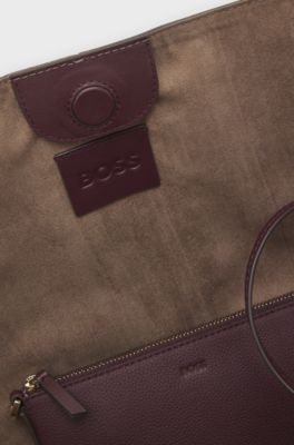 Tote bag in grained leather with detachable pouch, Bordeaux