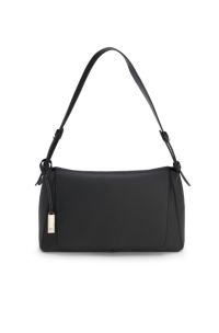 Shoulder bag in grained leather with logo plate, Black
