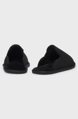 Shearling-lined slip-on slippers with logo detail, Black