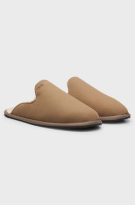 Shearling-lined slip-on slippers with logo detail, Beige