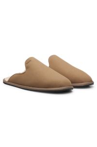 Shearling-lined slip-on slippers with logo detail, Beige