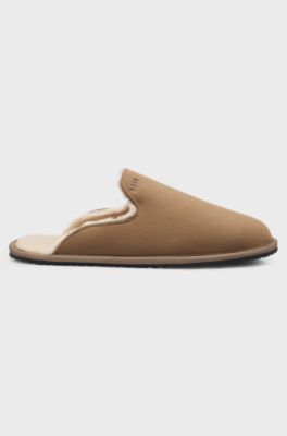 Shearling-lined slip-on slippers with logo detail, Beige