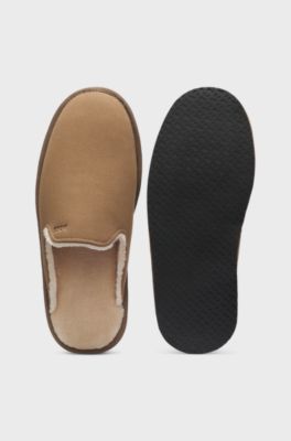 Shearling-lined slip-on slippers with logo detail, Beige